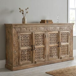 Boho Rustic Solid Light Carved Mango Wood 4 Door Extra Large Sideboard 190cm