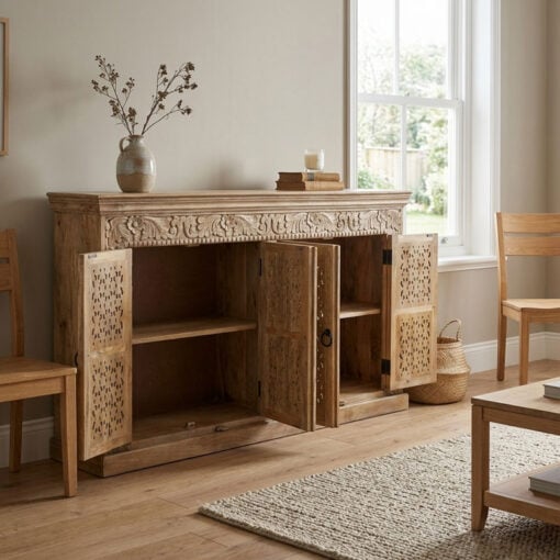 Boho Rustic Solid Light Carved Mango Wood 4 Door Extra Large Sideboard 190cm