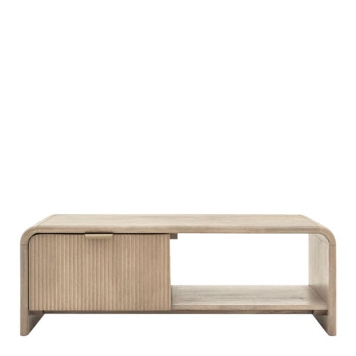 Boho Rustic Solid Light Mango Wood And Brass 1 Drawer 2 Tier Coffee Table With Curved Top 100cm