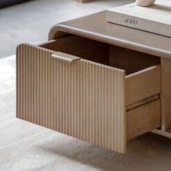 Boho Rustic Solid Light Mango Wood And Brass 1 Drawer 2 Tier Coffee Table With Curved Top 100cm