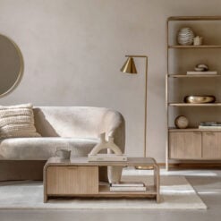 Boho Rustic Solid Light Mango Wood And Brass 1 Drawer 2 Tier Coffee Table With Curved Top 100cm