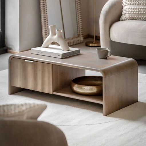 Boho Rustic Solid Light Mango Wood And Brass 1 Drawer 2 Tier Coffee Table With Curved Top 100cm