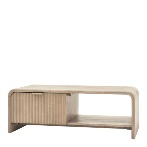 Boho Rustic Solid Light Mango Wood And Brass 1 Drawer 2 Tier Coffee Table With Curved Top 100cm