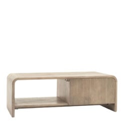 Boho Rustic Solid Light Mango Wood And Brass 1 Drawer 2 Tier Coffee Table With Curved Top 100cm