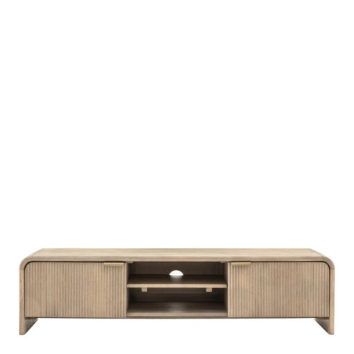 Boho Rustic Solid Light Mango Wood And Brass 2 Door 2 Shelf TV Stand With Curved Top 140cm