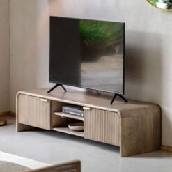 Boho Rustic Solid Light Mango Wood And Brass 2 Door 2 Shelf TV Stand With Curved Top 140cm