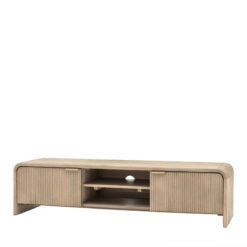 Boho Rustic Solid Light Mango Wood And Brass 2 Door 2 Shelf TV Stand With Curved Top 140cm