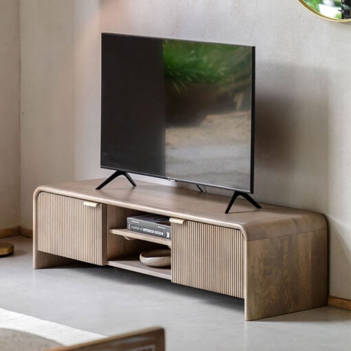 Boho Rustic Solid Light Mango Wood And Brass 2 Door 2 Shelf TV Stand With Curved Top 140cm