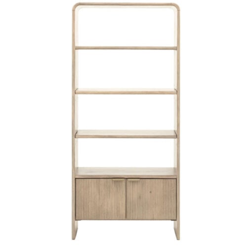 Boho Rustic Solid Light Mango Wood And Brass 2 Door 4 Tier Shelving Unit Display Cabinet Bookcase With Curved Top 175cm