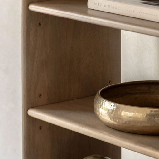 Boho Rustic Solid Light Mango Wood And Brass 2 Door 4 Tier Shelving Unit Display Cabinet Bookcase With Curved Top 175cm