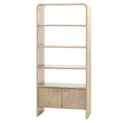Boho Rustic Solid Light Mango Wood And Brass 2 Door 4 Tier Shelving Unit Display Cabinet Bookcase With Curved Top 175cm