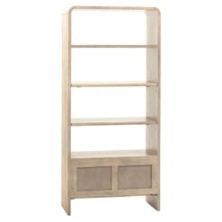 Boho Rustic Solid Light Mango Wood And Brass 2 Door 4 Tier Shelving Unit Display Cabinet Bookcase With Curved Top 175cm