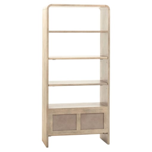 Boho Rustic Solid Light Mango Wood And Brass 2 Door 4 Tier Shelving Unit Display Cabinet Bookcase With Curved Top 175cm