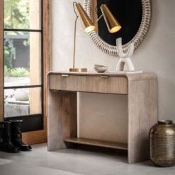 Boho Rustic Solid Light Mango Wood And Brass 2 Drawer 2 Tier Console Table With Curved Top 110cm