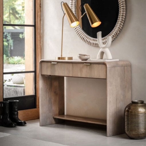 Boho Rustic Solid Light Mango Wood And Brass 2 Drawer 2 Tier Console Table With Curved Top 110cm