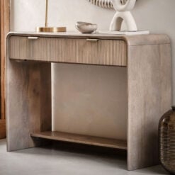 Boho Rustic Solid Light Mango Wood And Brass 2 Drawer 2 Tier Console Table With Curved Top 110cm