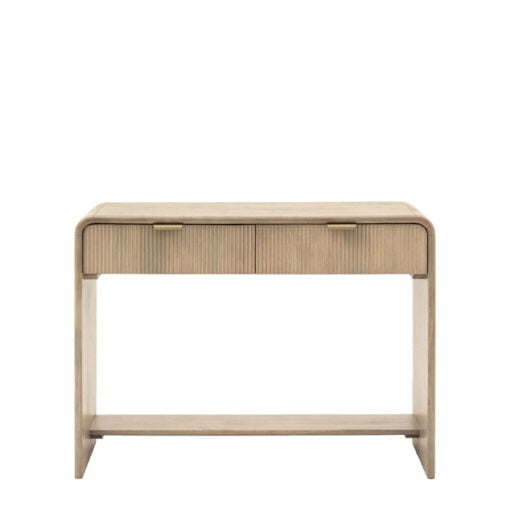 Boho Rustic Solid Light Mango Wood And Brass 2 Drawer 2 Tier Console Table With Curved Top 110cm