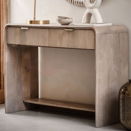 Boho Rustic Solid Light Mango Wood And Brass 2 Drawer 2 Tier Console Table With Curved Top 110cm