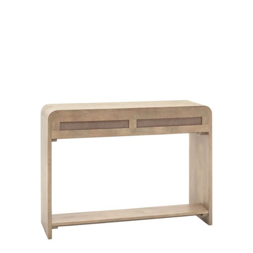 Boho Rustic Solid Light Mango Wood And Brass 2 Drawer 2 Tier Console Table With Curved Top 110cm