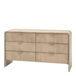 Boho Rustic Solid Light Mango Wood And Brass 6 Drawer Chest Of Drawers With Curved Top 135cm