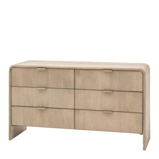 Boho Rustic Solid Light Mango Wood And Brass 6 Drawer Chest Of Drawers With Curved Top 135cm