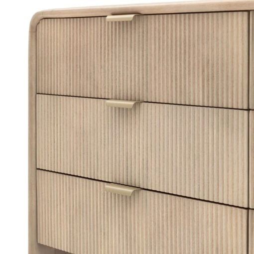 Boho Rustic Solid Light Mango Wood And Brass 6 Drawer Chest Of Drawers With Curved Top 135cm