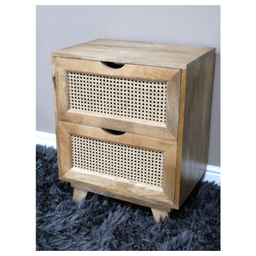 Boho Rustic Solid Light Mango Wood And Rattan 2 Drawer Bedside Cabinet Side Table