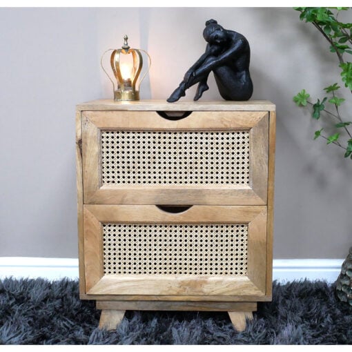 Boho Rustic Solid Light Mango Wood And Rattan 2 Drawer Bedside Cabinet Side Table