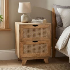 Boho Rustic Solid Light Mango Wood And Rattan 2 Drawer Bedside Cabinet Side Table