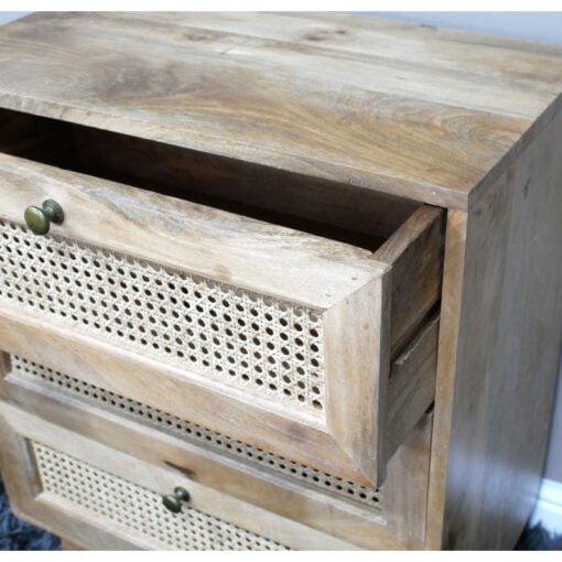 Boho Rustic Solid Light Mango Wood And Rattan 3 Drawer Bedside Cabinet Small Chest Of Drawers 71cm