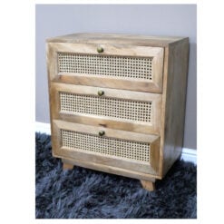 Boho Rustic Solid Light Mango Wood And Rattan 3 Drawer Bedside Cabinet Small Chest Of Drawers 71cm