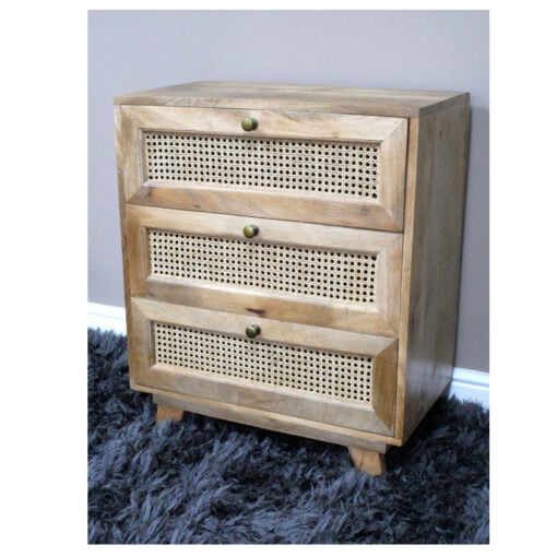 Boho Rustic Solid Light Mango Wood And Rattan 3 Drawer Bedside Cabinet Small Chest Of Drawers 71cm