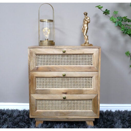 Boho Rustic Solid Light Mango Wood And Rattan 3 Drawer Bedside Cabinet Small Chest Of Drawers 71cm