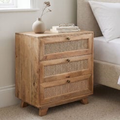Boho Rustic Solid Light Mango Wood And Rattan 3 Drawer Bedside Cabinet Small Chest Of Drawers 71cm