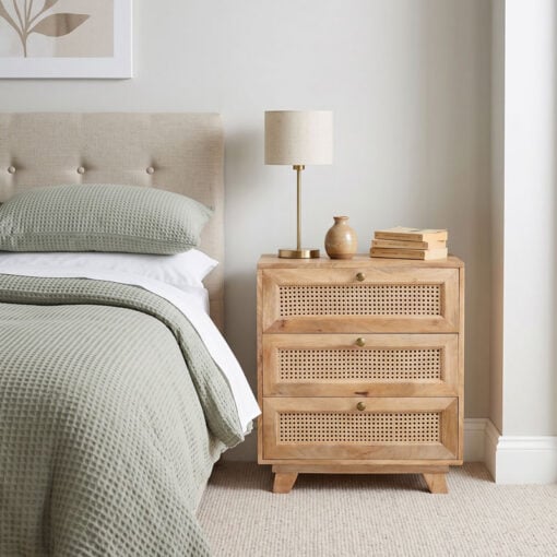 Boho Rustic Solid Light Mango Wood And Rattan 3 Drawer Bedside Cabinet Small Chest Of Drawers 71cm Boho Rustic Solid Light Mango Wood And Rattan 3 Drawer Bedside Cabinet Small Chest Of Drawers 71cm