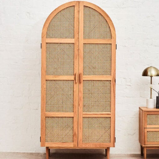 Boho Rustic Solid Light Oak Wood And Rattan Cane 2 Door Large Arched Wardrobe 200cm