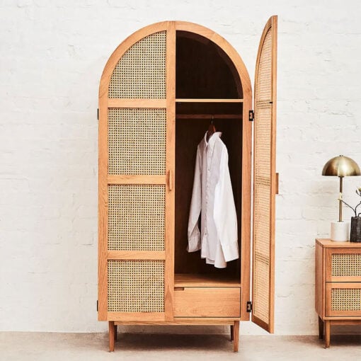 Boho Rustic Solid Light Oak Wood And Rattan Cane 2 Door Large Arched Wardrobe 200cm