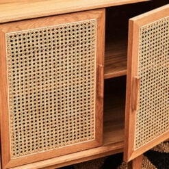 Boho Rustic Solid Light Oak Wood And Rattan Cane 4 Door Large Sideboard 160cm