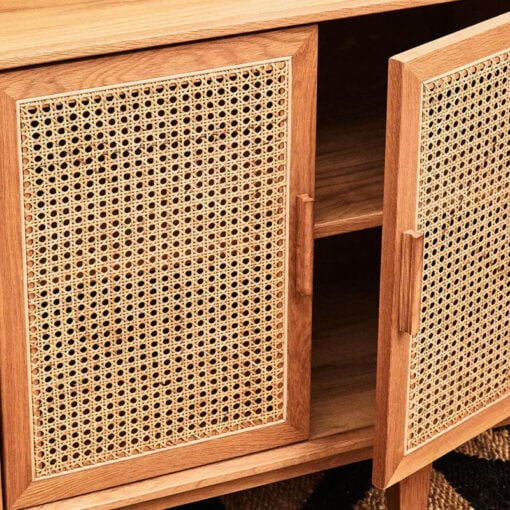 Boho Rustic Solid Light Oak Wood And Rattan Cane 4 Door Large Sideboard 160cm