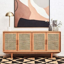 Boho Rustic Solid Light Oak Wood And Rattan Cane 4 Door Large Sideboard 160cm
