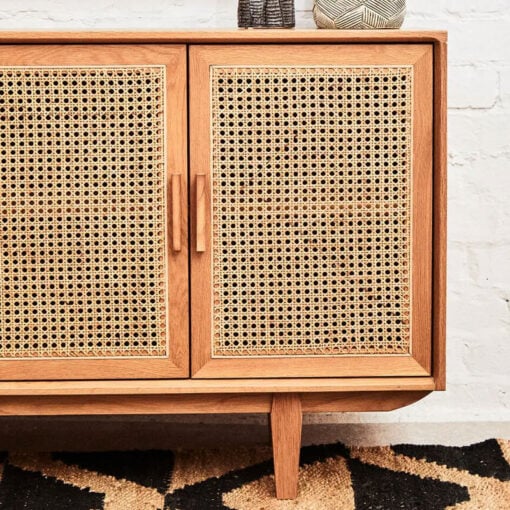 Boho Rustic Solid Light Oak Wood And Rattan Cane 4 Door Large Sideboard 160cm
