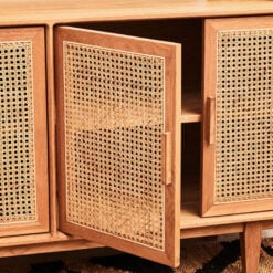 Boho Rustic Solid Light Oak Wood And Rattan Cane 4 Door Large Sideboard 160cm
