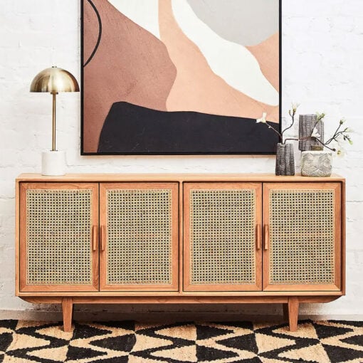 Boho Rustic Solid Light Oak Wood And Rattan Cane 4 Door Large Sideboard 160cm