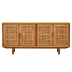Boho Rustic Solid Light Oak Wood And Rattan Cane 4 Door Large Sideboard 160cm