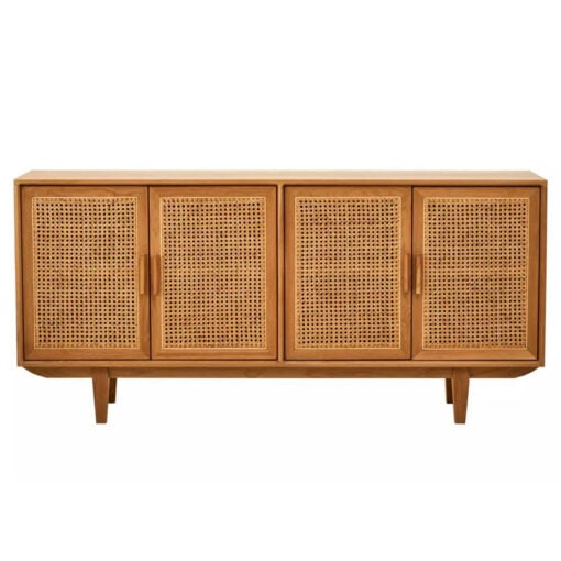 Boho Rustic Solid Light Oak Wood And Rattan Cane 4 Door Large Sideboard 160cm