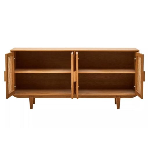 Boho Rustic Solid Light Oak Wood And Rattan Cane 4 Door Large Sideboard 160cm