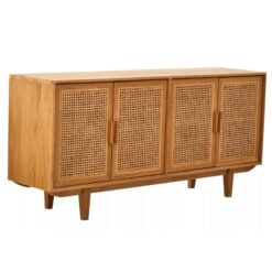 Boho Rustic Solid Light Oak Wood And Rattan Cane 4 Door Large Sideboard 160cm