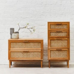 Boho Rustic Solid Light Oak Wood And Rattan Cane 4 Drawer Chest Of Drawers