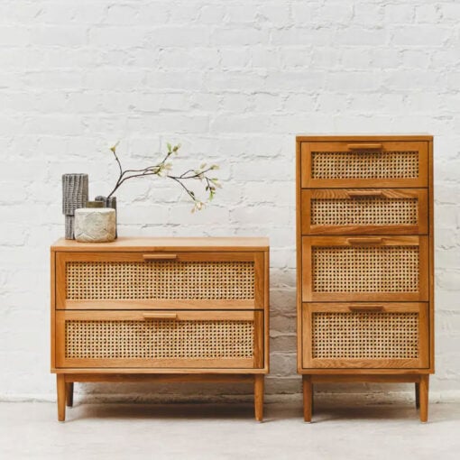 Boho Rustic Solid Light Oak Wood And Rattan Cane 4 Drawer Chest Of Drawers