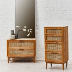 Boho Rustic Solid Light Oak Wood And Rattan Cane 4 Drawer Chest Of Drawers